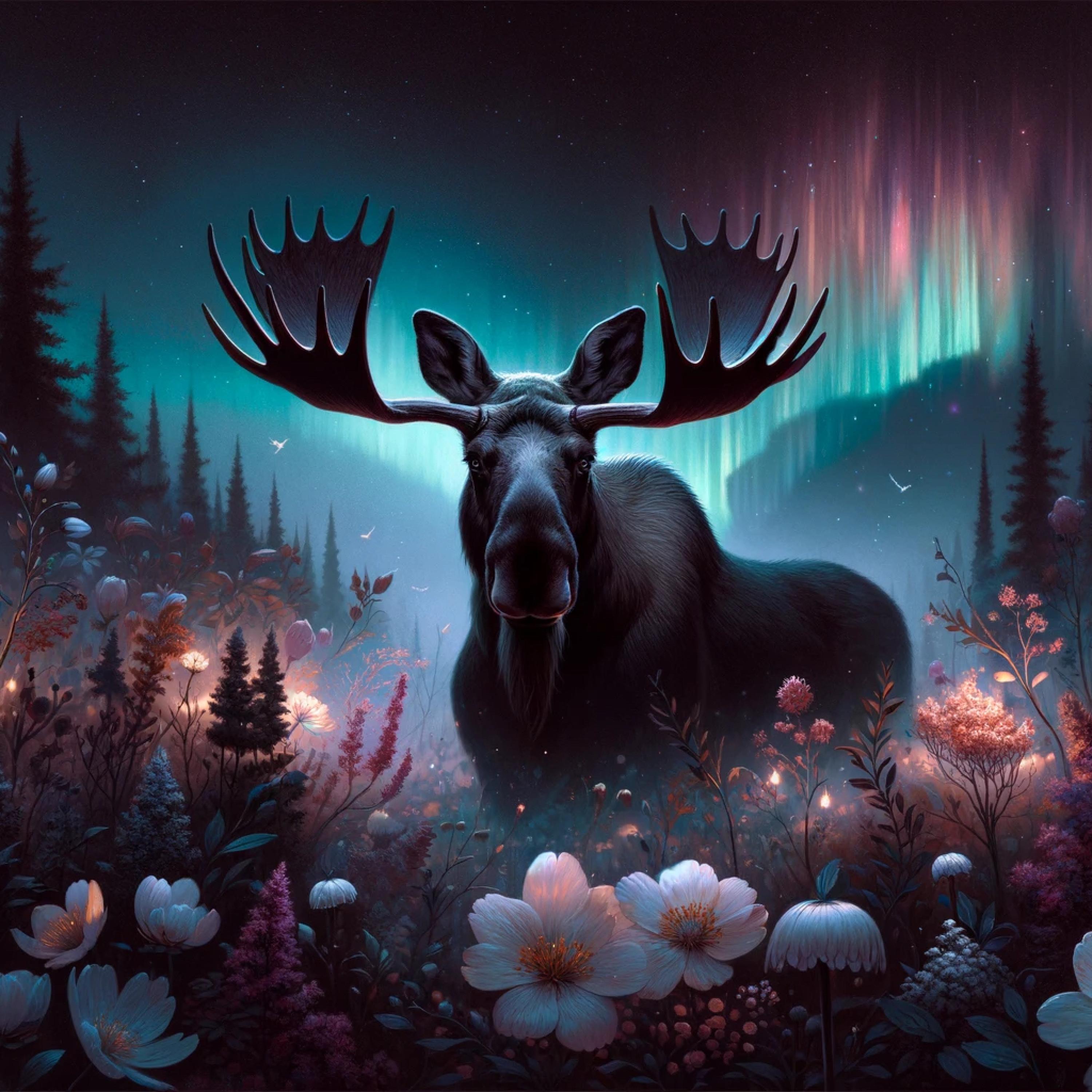 moomoose in a flower garden with the northern lights in the background